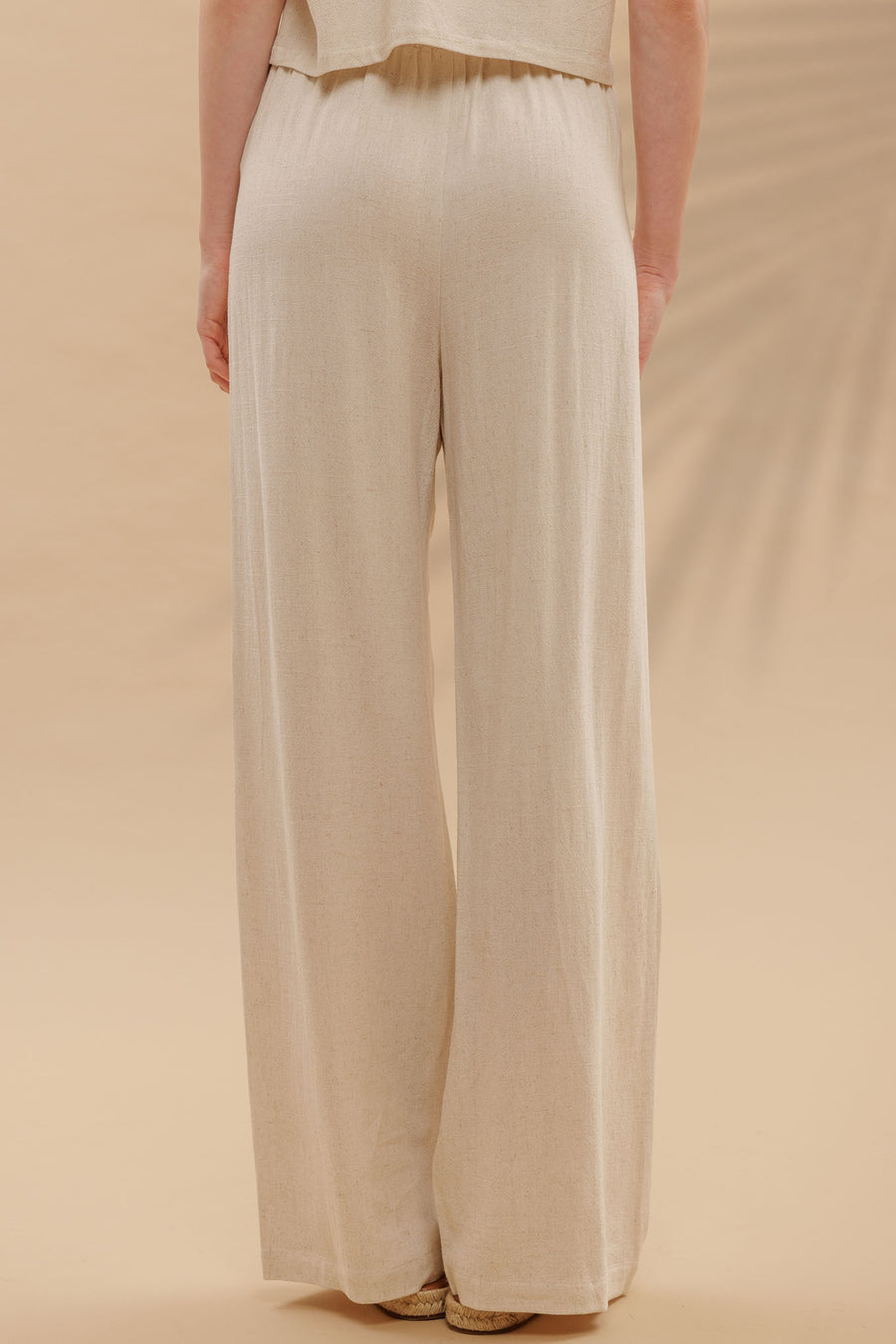 OATMEAL LINEN SHORT FOLD SLEEVE BOXY CUT TOP AND HIGH WAIST WIDE LEG PLEATED LINEN PANTS
