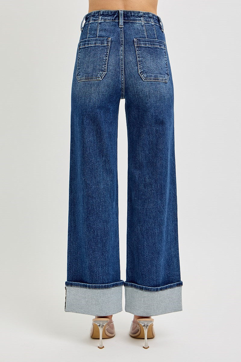 DARK HIGH RISE ANKLE WIDE BUTTON DOWN FRONT PATCH POCKET CUFFED JEANS