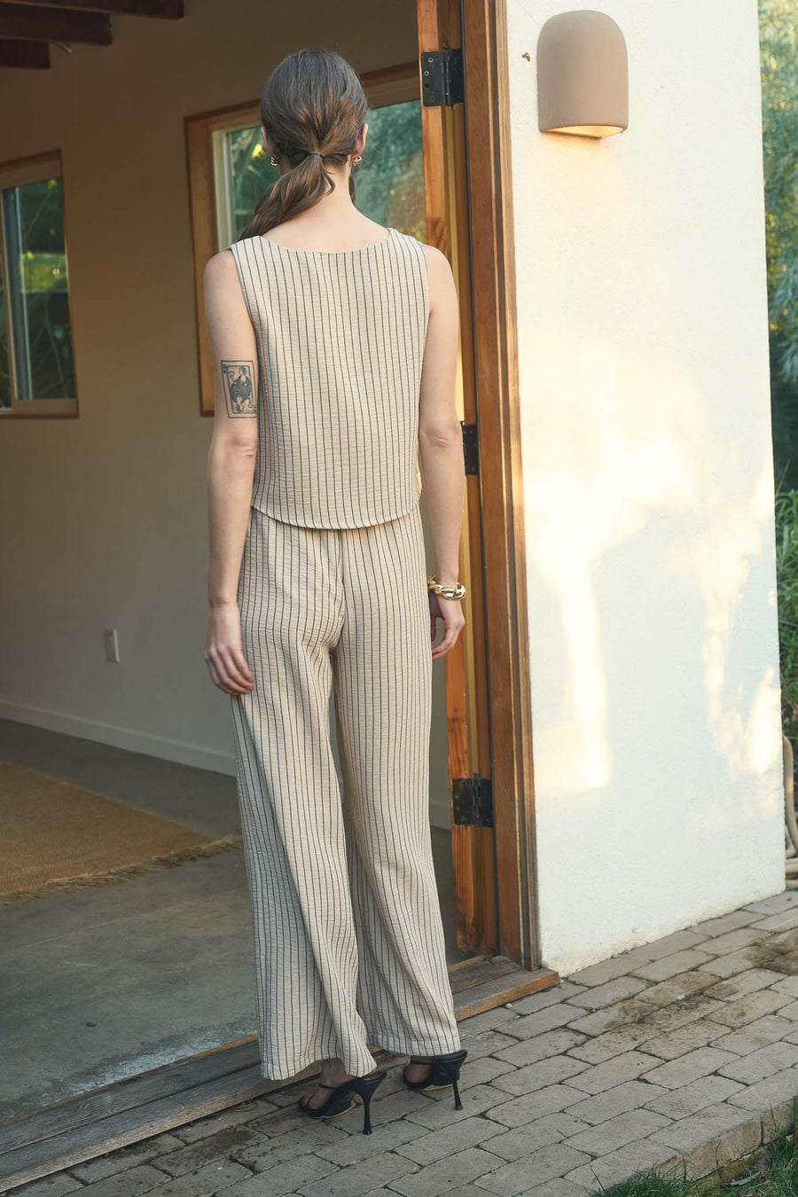 PINSTRIPE SLEEVELESS TANK AND WIDE LEG PANT SET