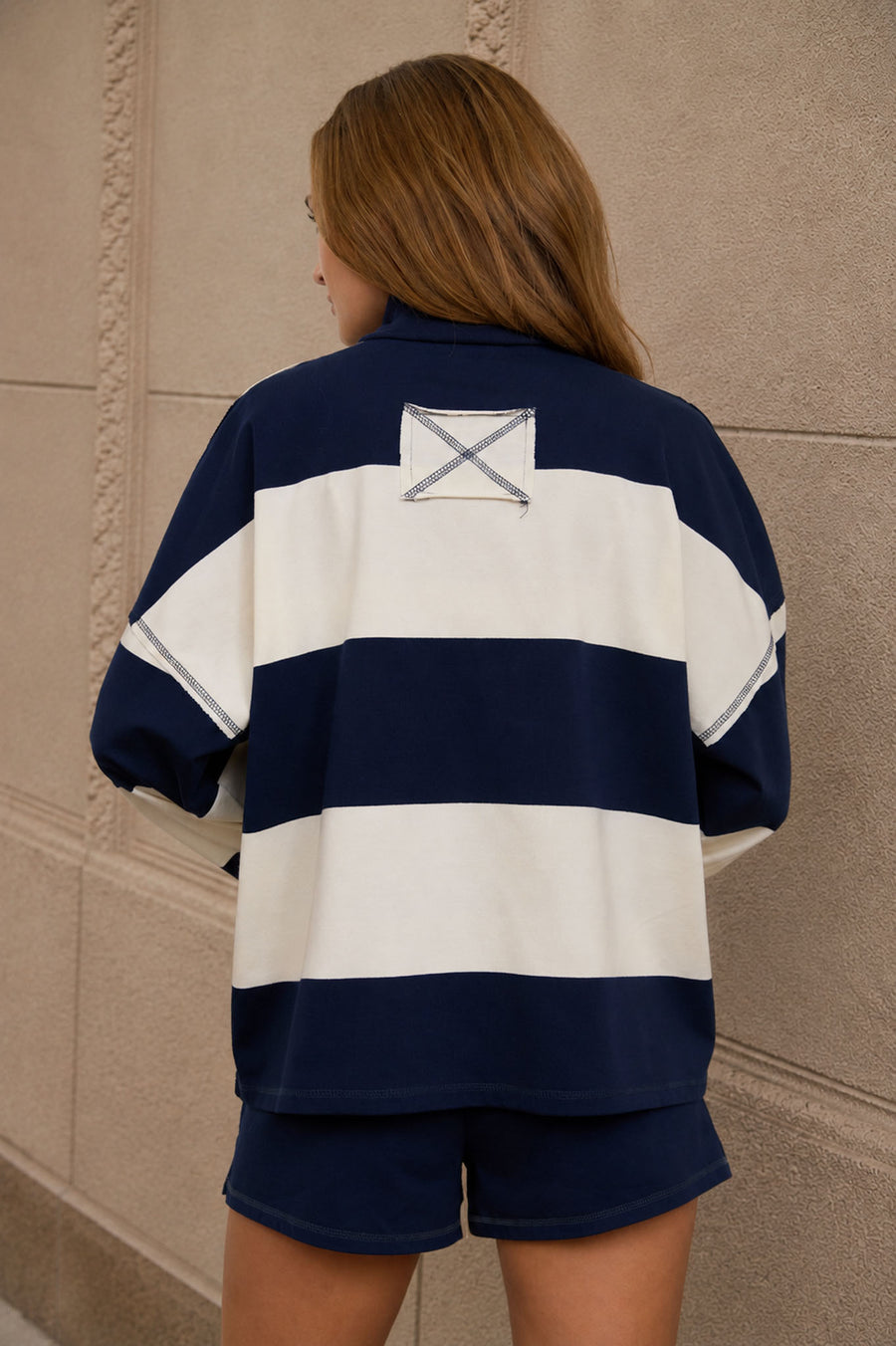 CHARCOAL AND NAVY WIDE STRIPE HALF ZIP LONG SLEEVE KNIT TOP
