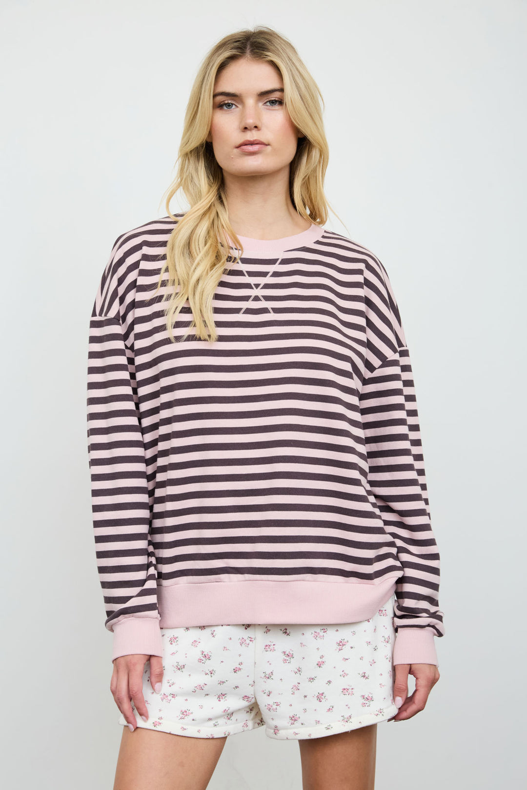 STRIPE V STITCH DETAIL LONG SLEEVE KNIT TOP