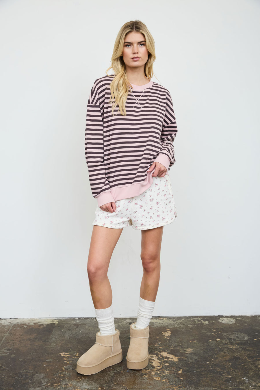 STRIPE V STITCH DETAIL LONG SLEEVE KNIT TOP