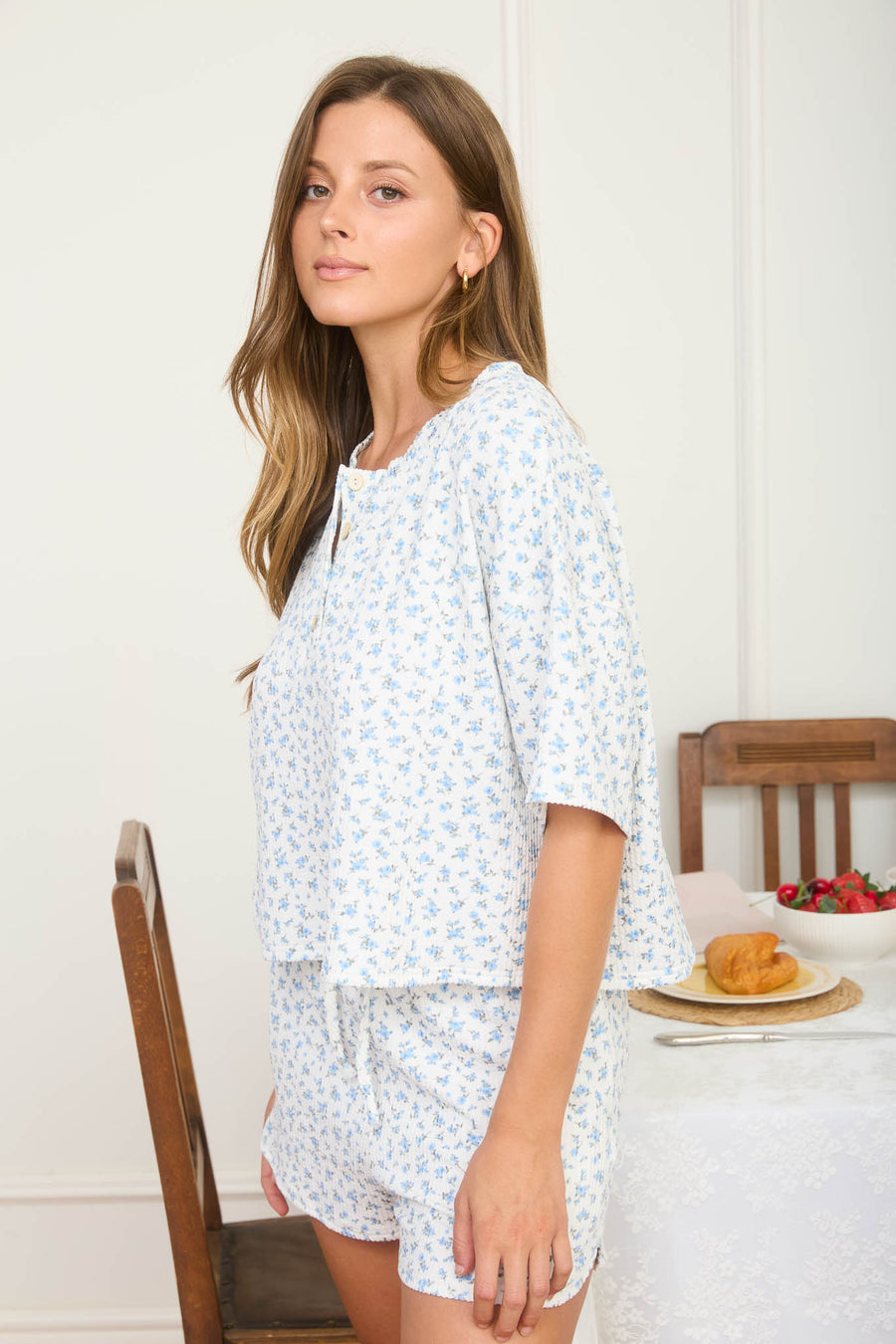 FLORAL SHORT SLEEVE HENLEY KNIT TOP