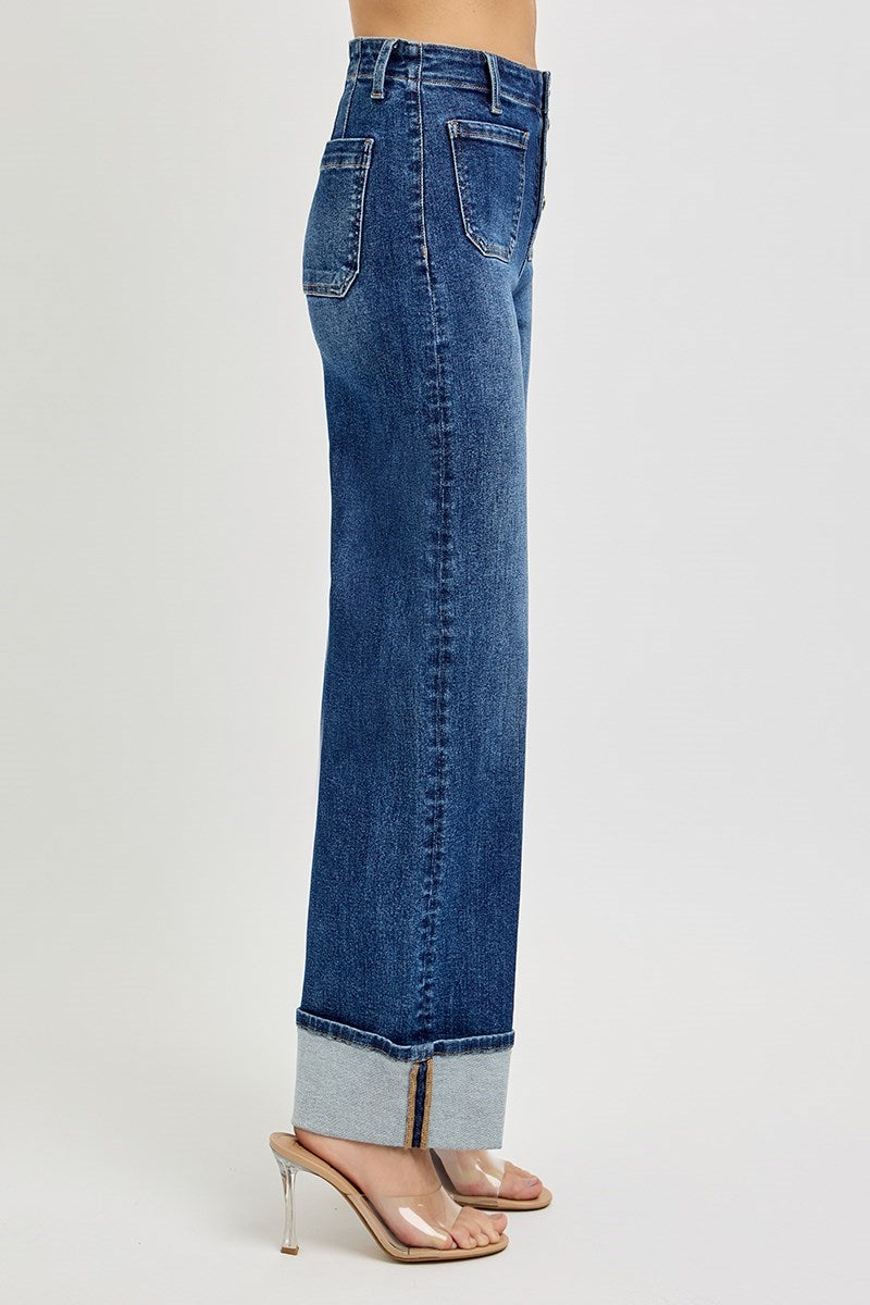 DARK HIGH RISE ANKLE WIDE BUTTON DOWN FRONT PATCH POCKET CUFFED JEANS